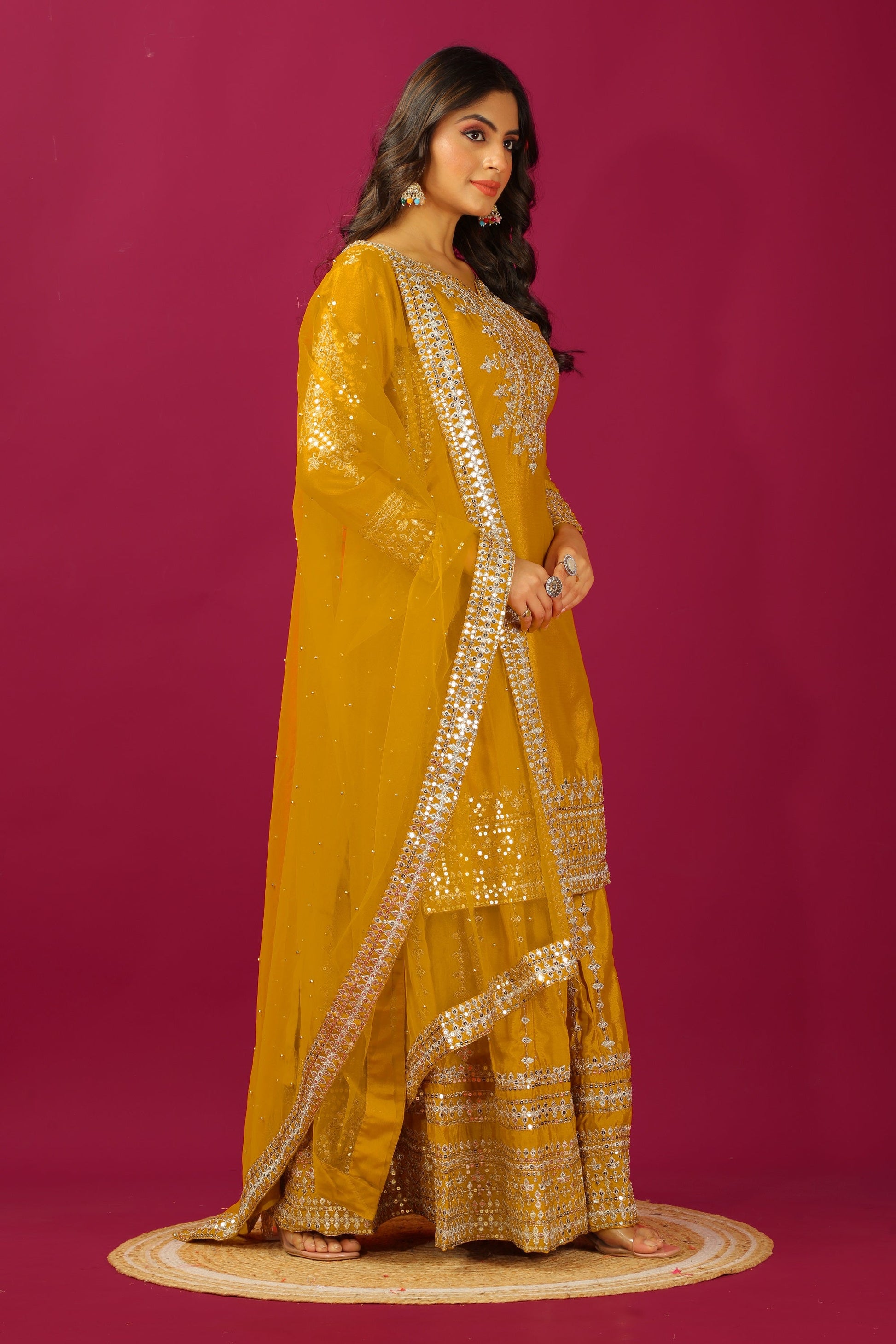 Teeya Creation Mustard Color Chinnon Silk Heavy Embroidery Work Fully Stitched Sharara Suit