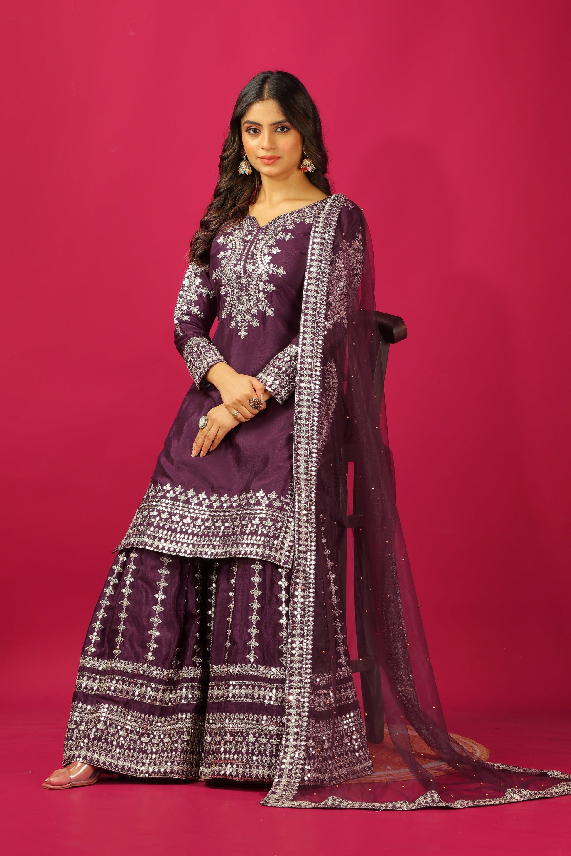 Teeya Creation Violet Color Chinnon Silk Heavy Embroidery Work Fully Stitched Sharara Suit