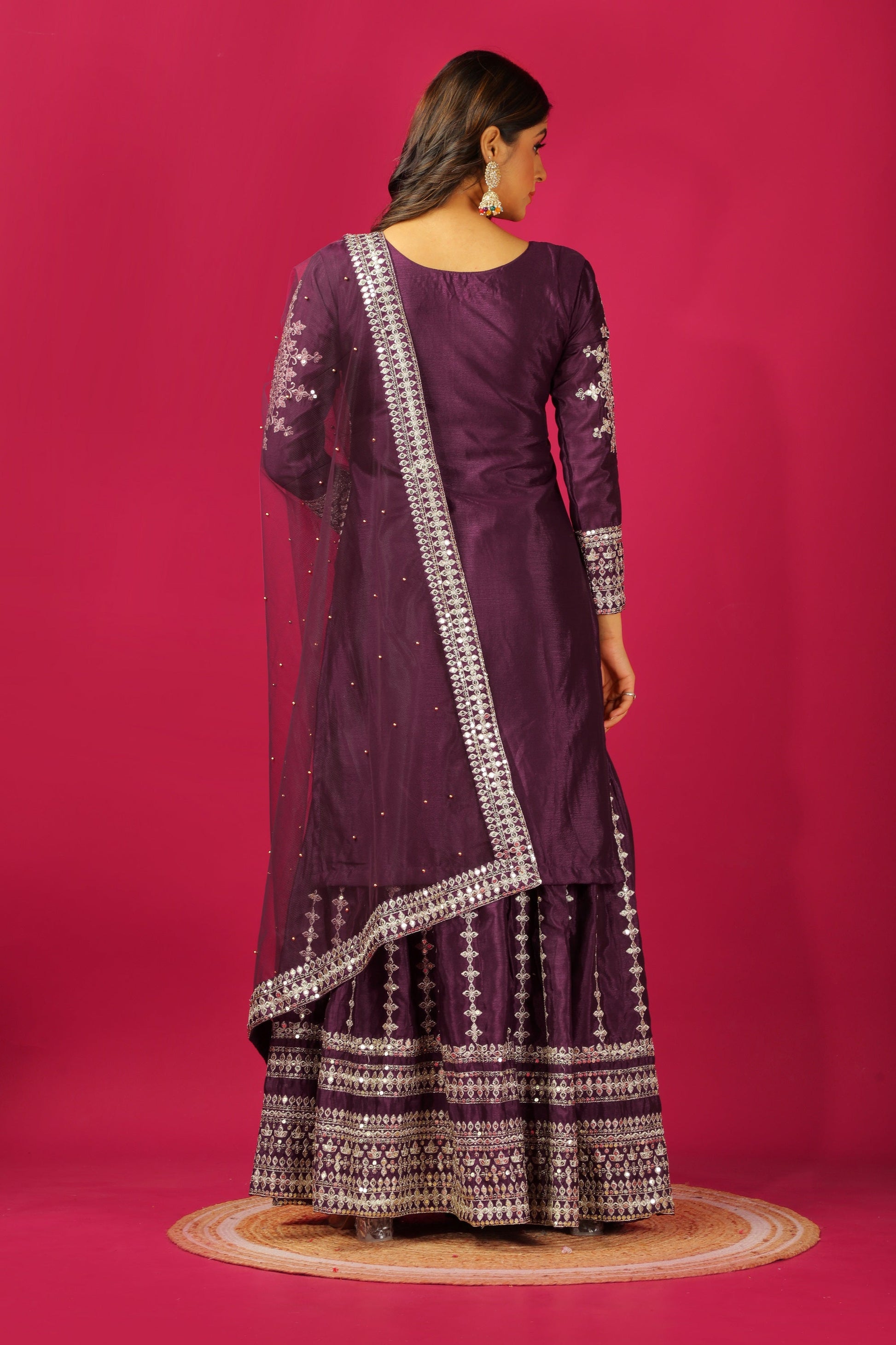Teeya Creation Violet Color Chinnon Silk Heavy Embroidery Work Fully Stitched Sharara Suit