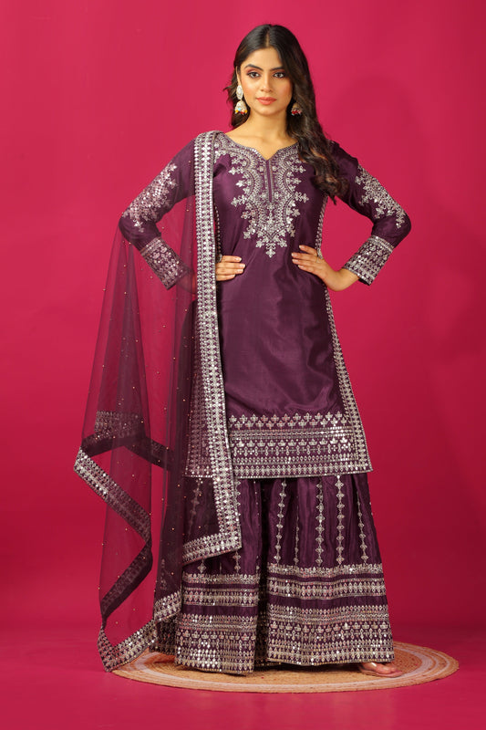 Teeya Creation Violet Color Chinnon Silk Heavy Embroidery Work Fully Stitched Sharara Suit