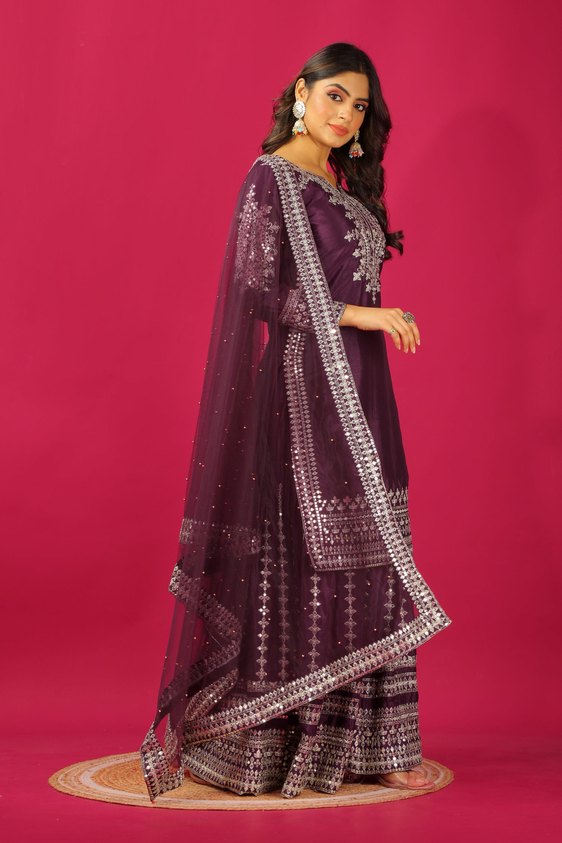 Teeya Creation Violet Color Chinnon Silk Heavy Embroidery Work Fully Stitched Sharara Suit
