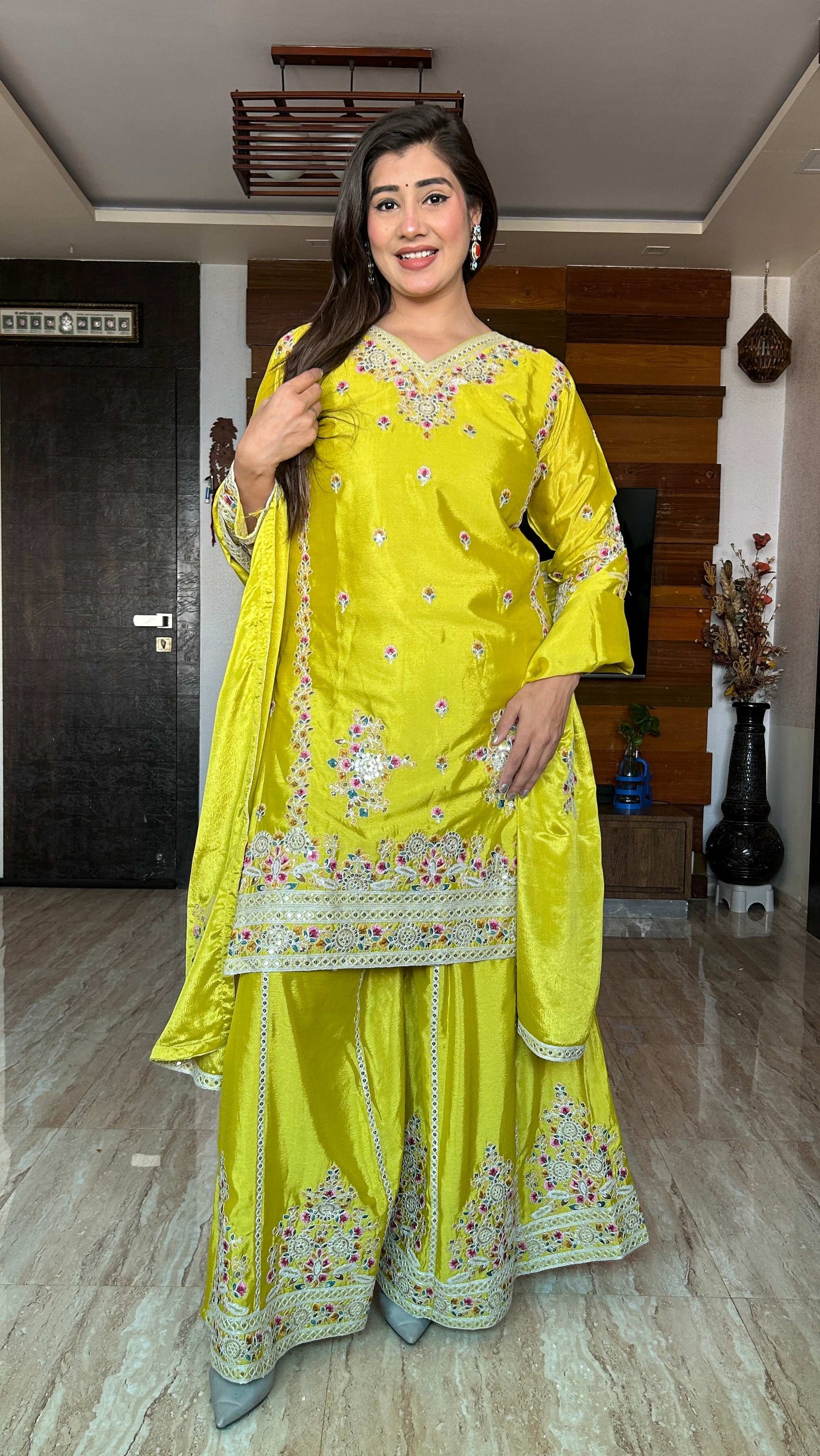 Teeya Creation Olive Color Chinon Silk Heavy Embroidery Work Fully Stitched Salwar Suit