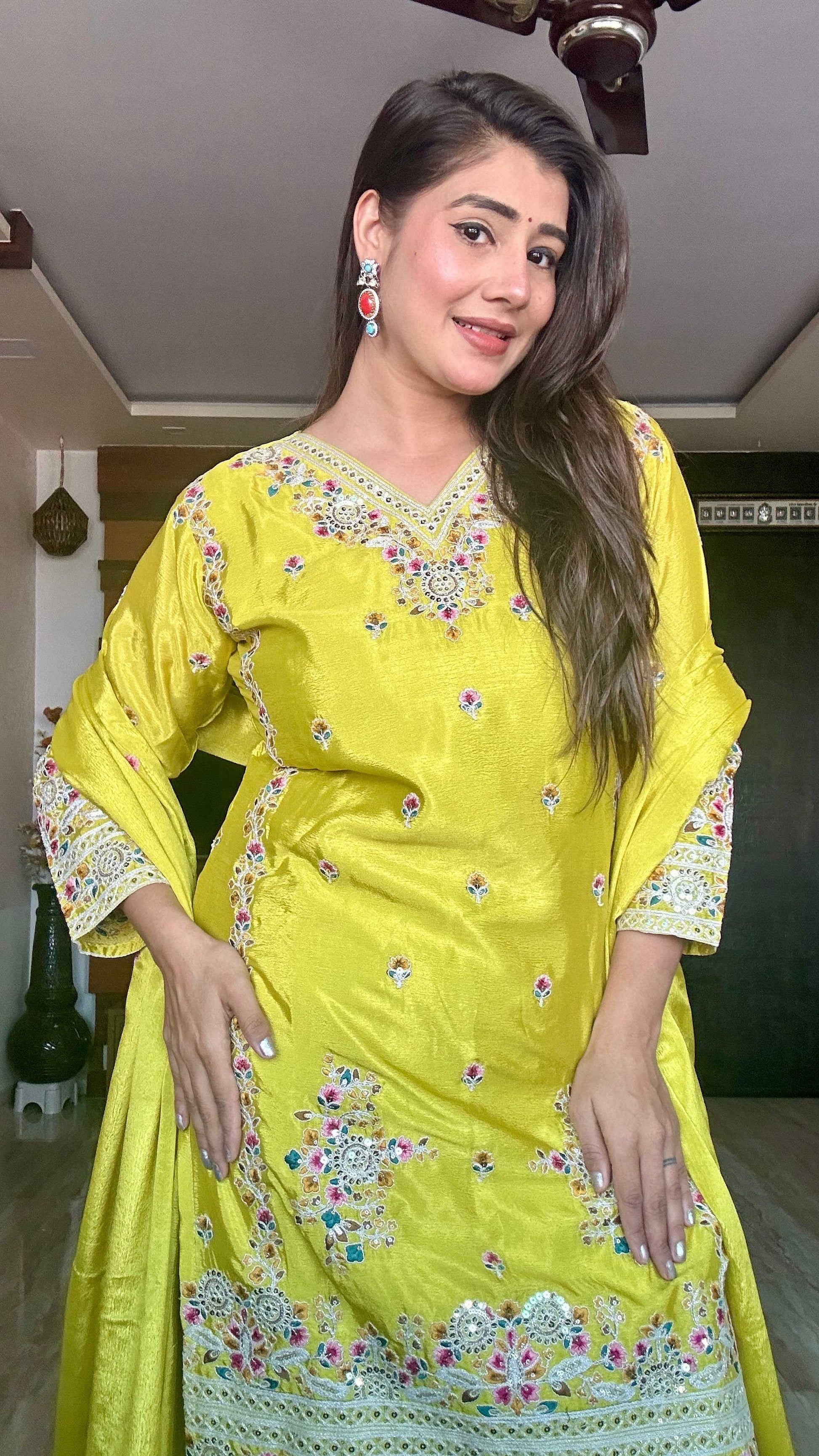 Teeya Creation Olive Color Chinon Silk Heavy Embroidery Work Fully Stitched Salwar Suit