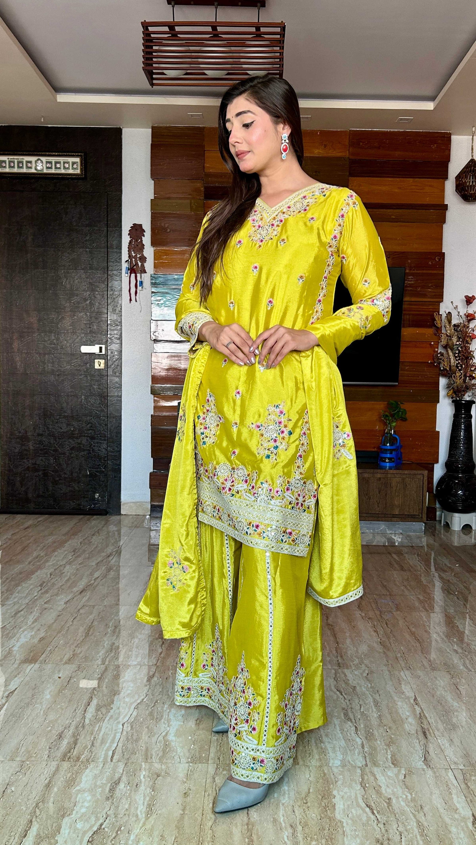 Teeya Creation Olive Color Chinon Silk Heavy Embroidery Work Fully Stitched Salwar Suit