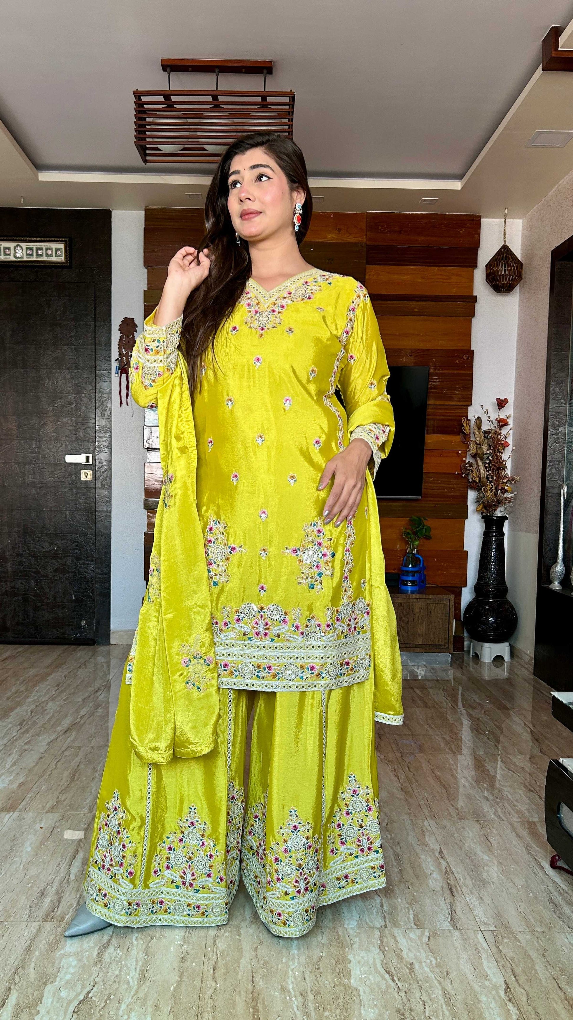 Teeya Creation Olive Color Chinon Silk Heavy Embroidery Work Fully Stitched Salwar Suit
