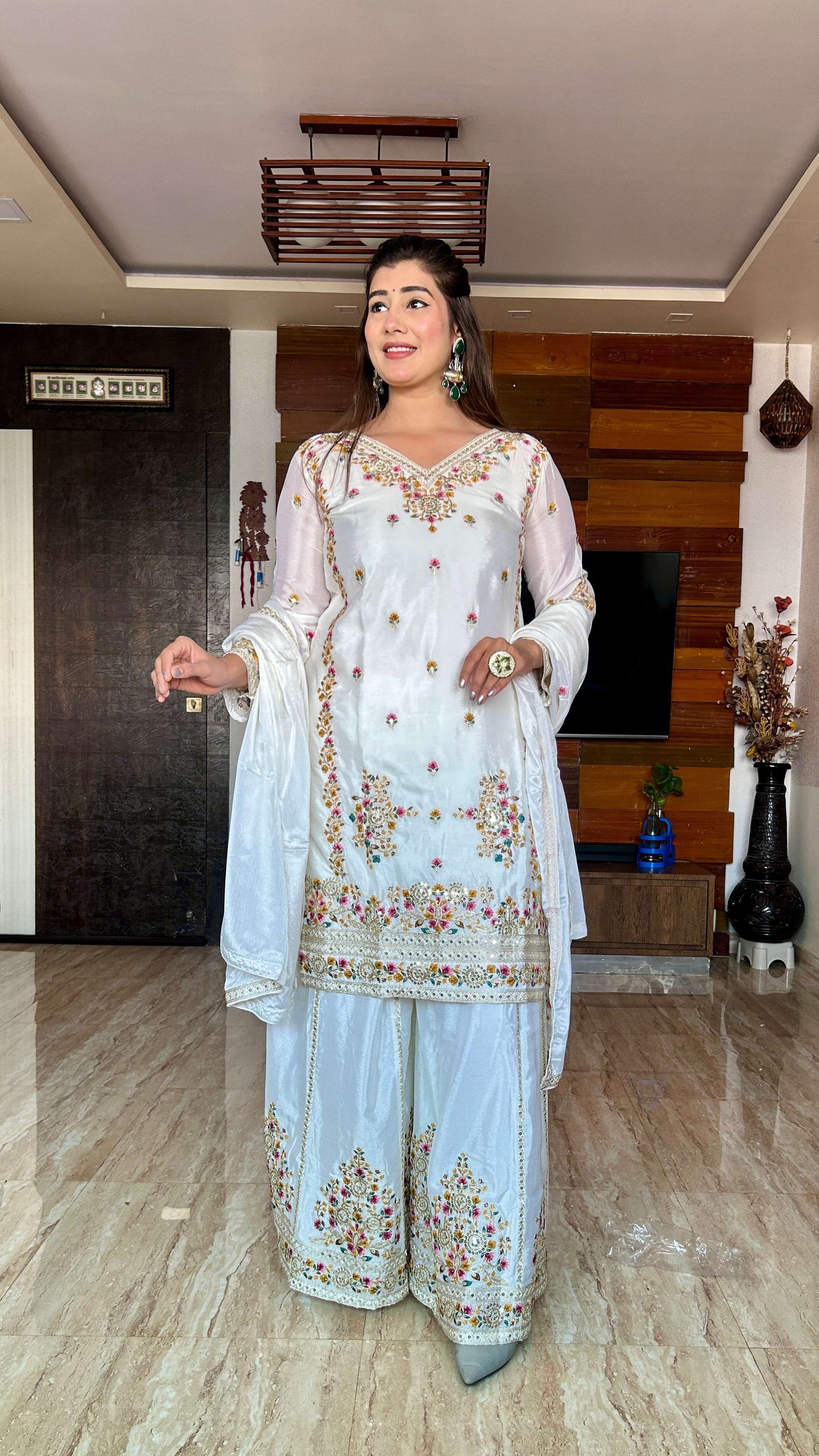 Teeya Creation White Color Chinon Silk Heavy Embroidery Work Fully Stitched Salwar Suit