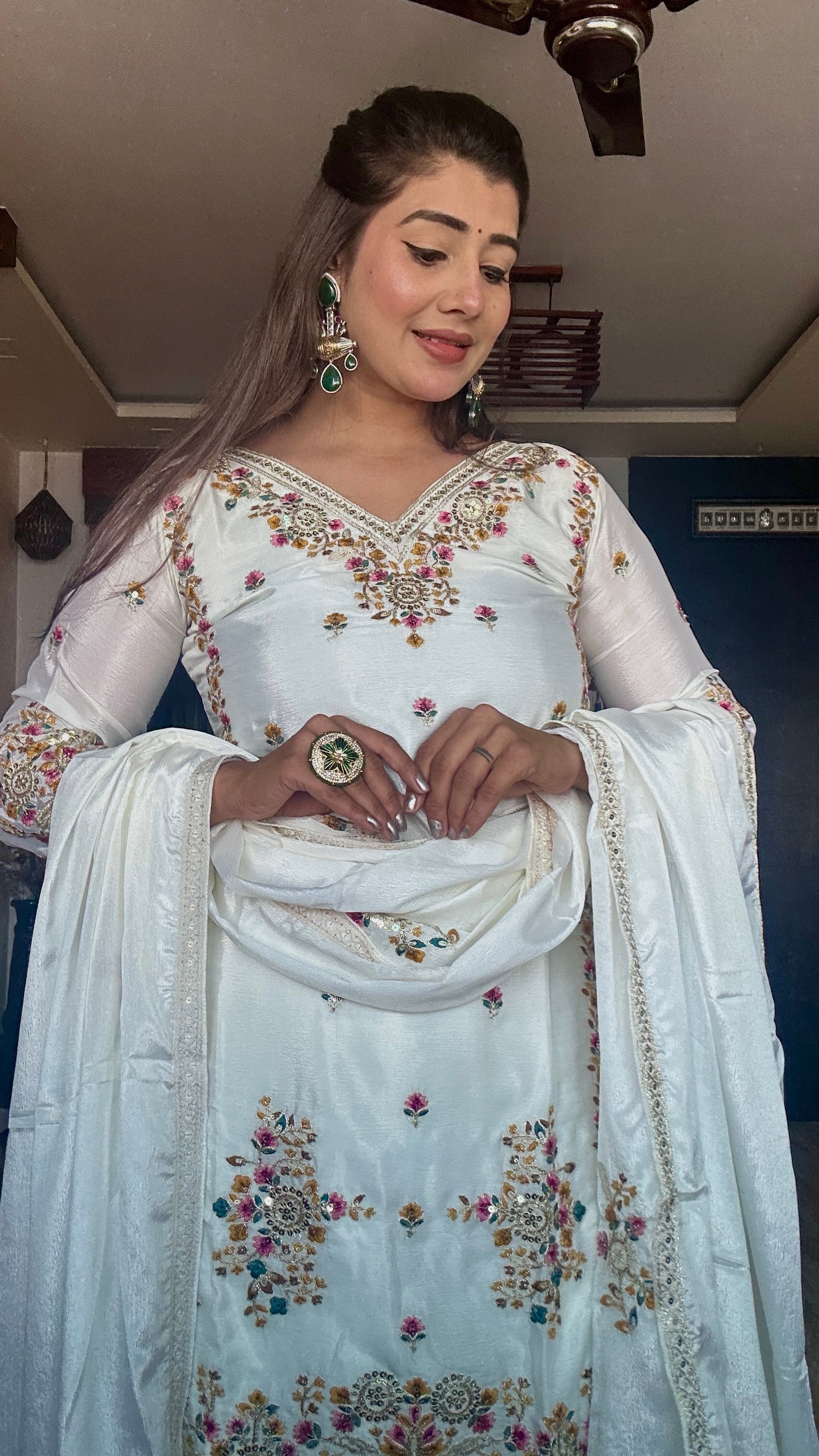Teeya Creation White Color Chinon Silk Heavy Embroidery Work Fully Stitched Salwar Suit