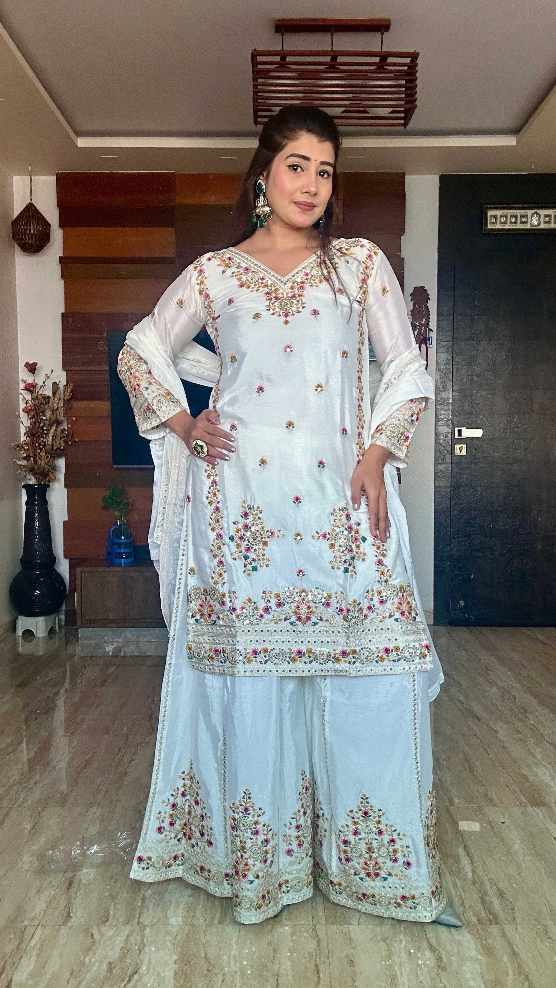 Teeya Creation White Color Chinon Silk Heavy Embroidery Work Fully Stitched Salwar Suit