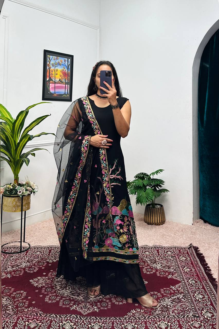 Teeya Creation Black Color Faux Georgette Heavy Embroidery Work Fully Stitched Salwar Suit