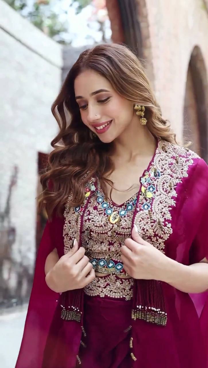 Teeya Creation Rani Color Faux Georgette Heavy Embroidery Work Fully Stitched Shrug Set
