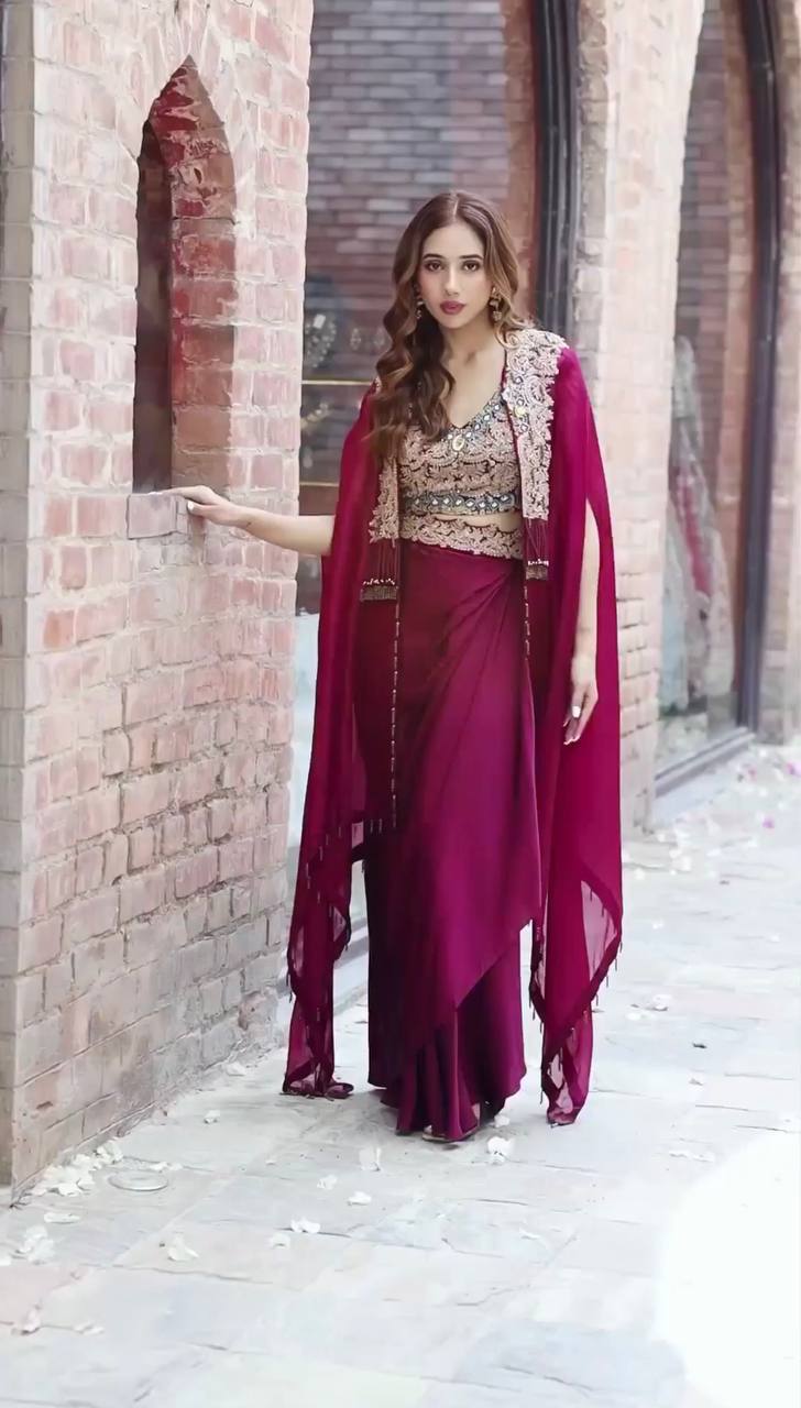 Teeya Creation Rani Color Faux Georgette Heavy Embroidery Work Fully Stitched Shrug Set