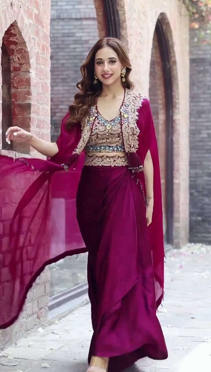 Teeya Creation Rani Color Faux Georgette Heavy Embroidery Work Fully Stitched Shrug Set