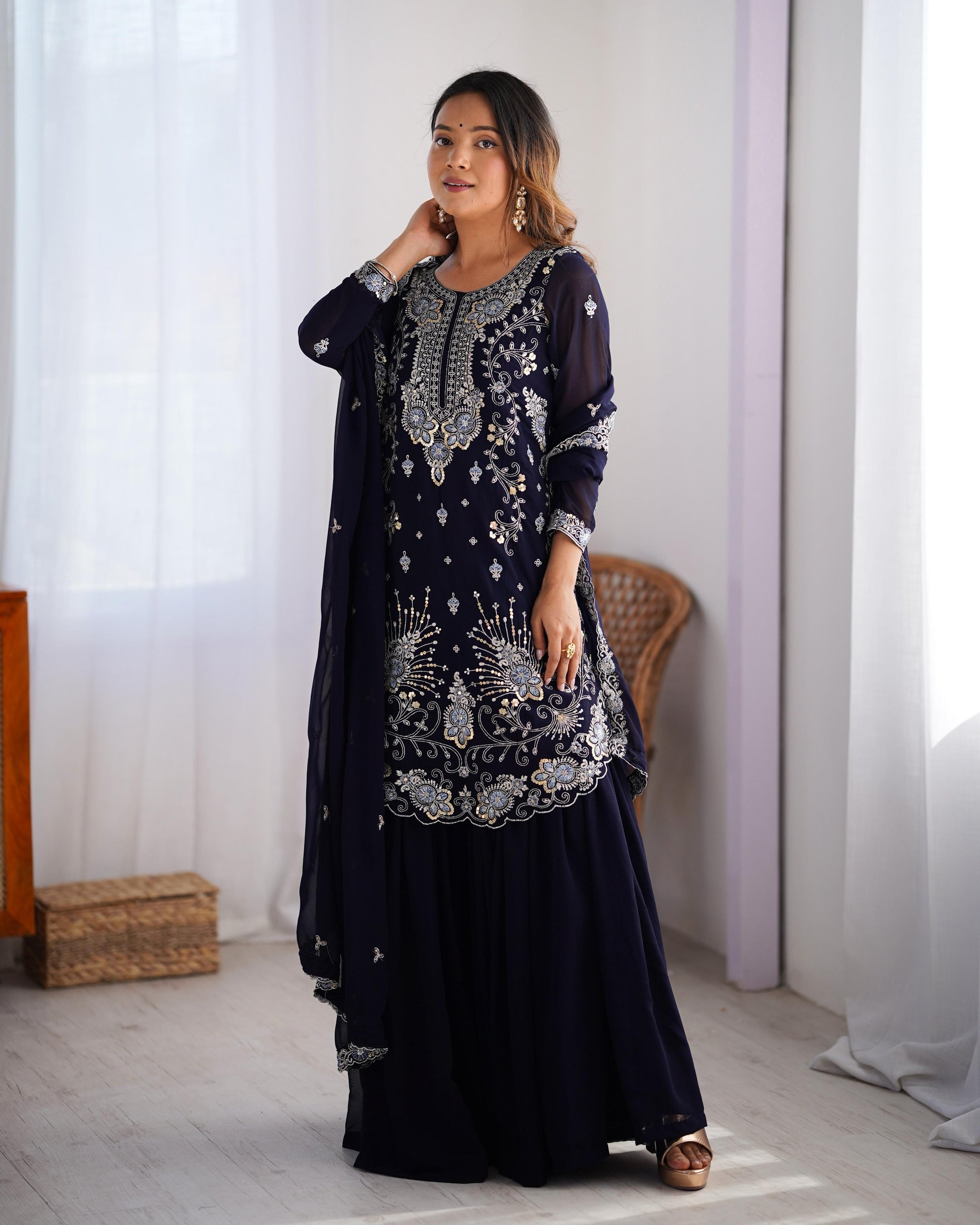 Teeya Creation Dark Purple Color Faux Georgette Heavy Embroidery Work Fully Stitched Sharara Set