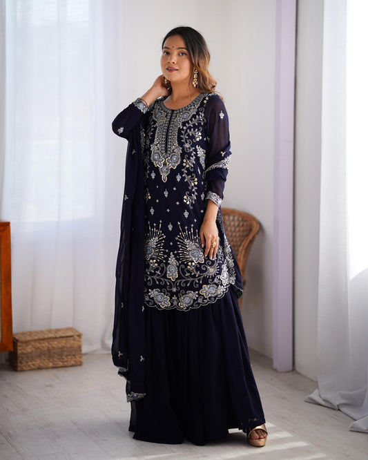 Teeya Creation Dark Purple Color Faux Georgette Heavy Embroidery Work Fully Stitched Sharara Set