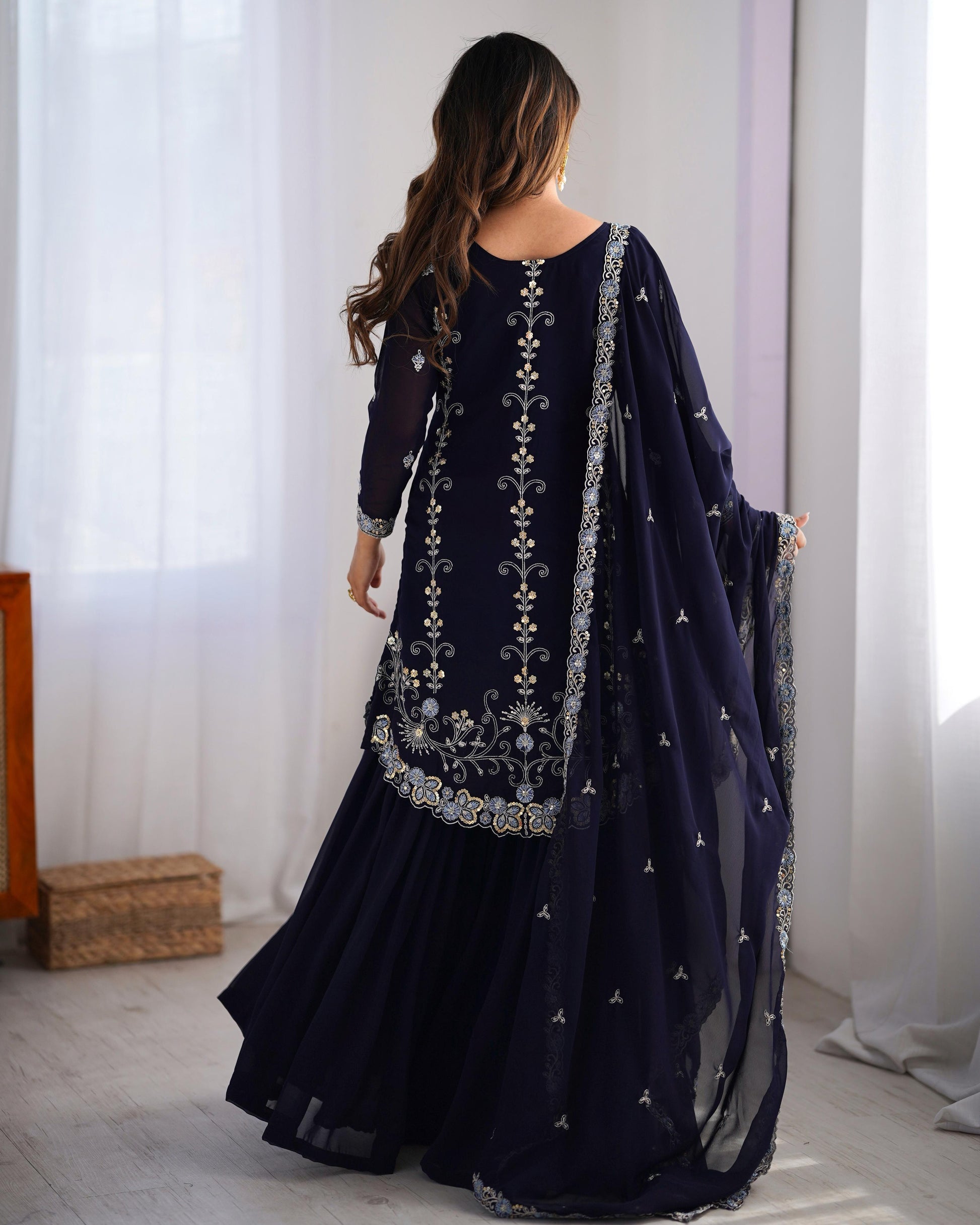 Teeya Creation Dark Purple Color Faux Georgette Heavy Embroidery Work Fully Stitched Sharara Set