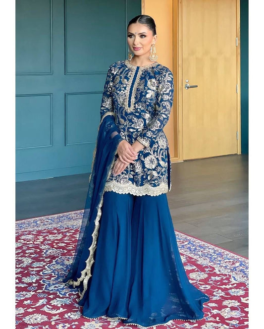 Teeya Creation Blue Color Faux Georgette Heavy Work Fully Stitched Sharara Set