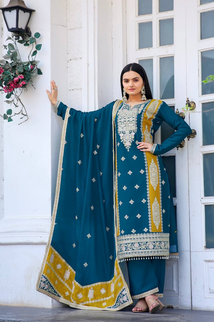 Teeya Creation Teal Color Chinon Silk Heavy Work Fully Stitched Pakistani Salwar Suit