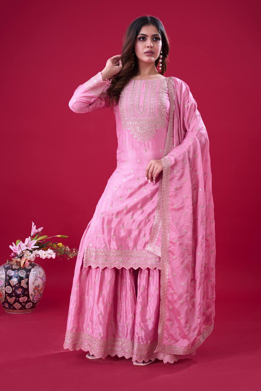 Teeya Creation Baby Pink Color Chinon Silk Heavy Embroidery Work Pakistani Fully Stitched Salwar Suit