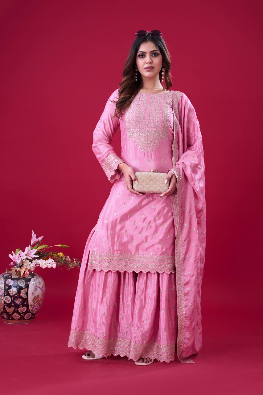 Teeya Creation Baby Pink Color Chinon Silk Heavy Embroidery Work Pakistani Fully Stitched Salwar Suit