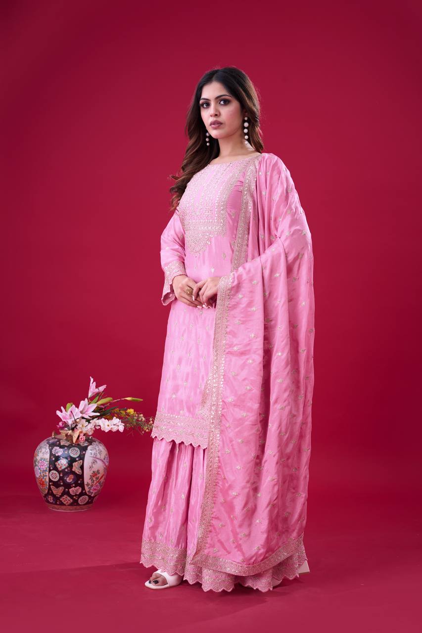 Teeya Creation Baby Pink Color Chinon Silk Heavy Embroidery Work Pakistani Fully Stitched Salwar Suit