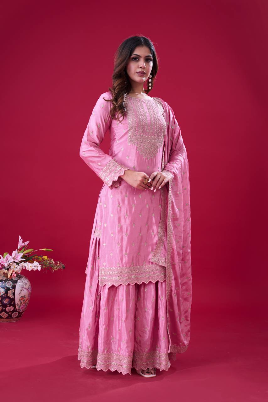 Teeya Creation Baby Pink Color Chinon Silk Heavy Embroidery Work Pakistani Fully Stitched Salwar Suit