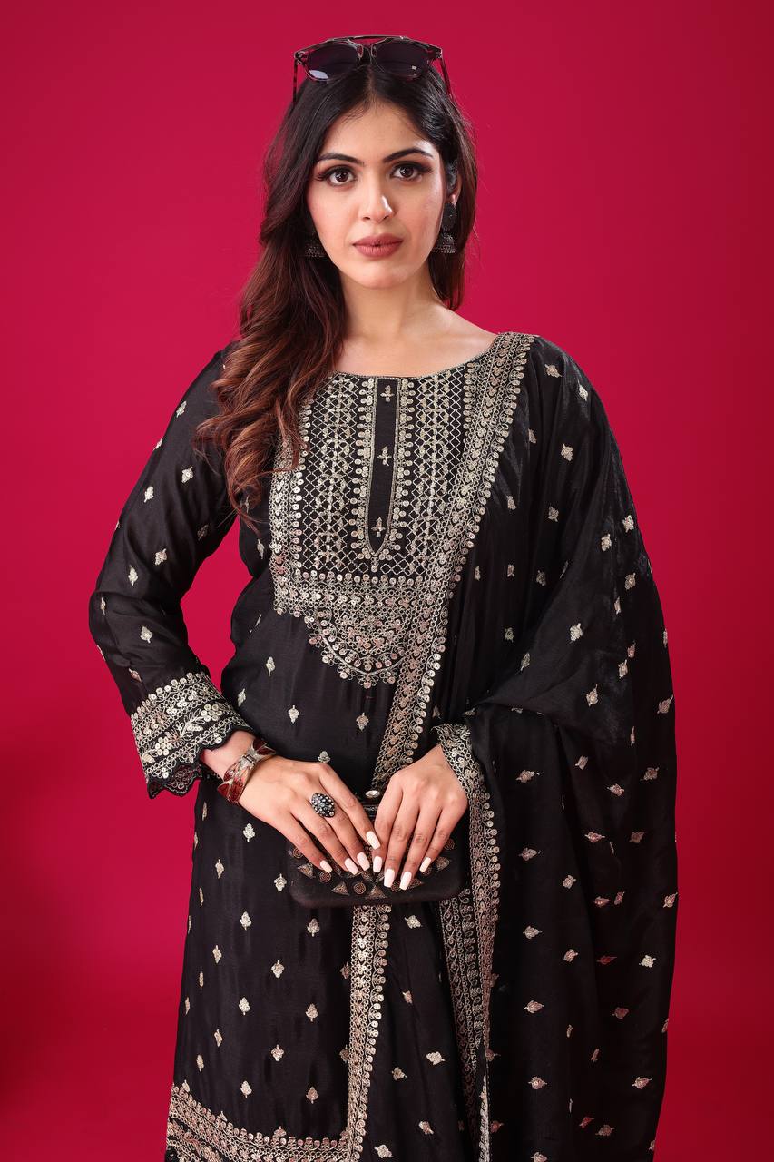 Teeya Creation Black Color Chinon Silk Heavy Embroidery Work Pakistani Fully Stitched Salwar Suit