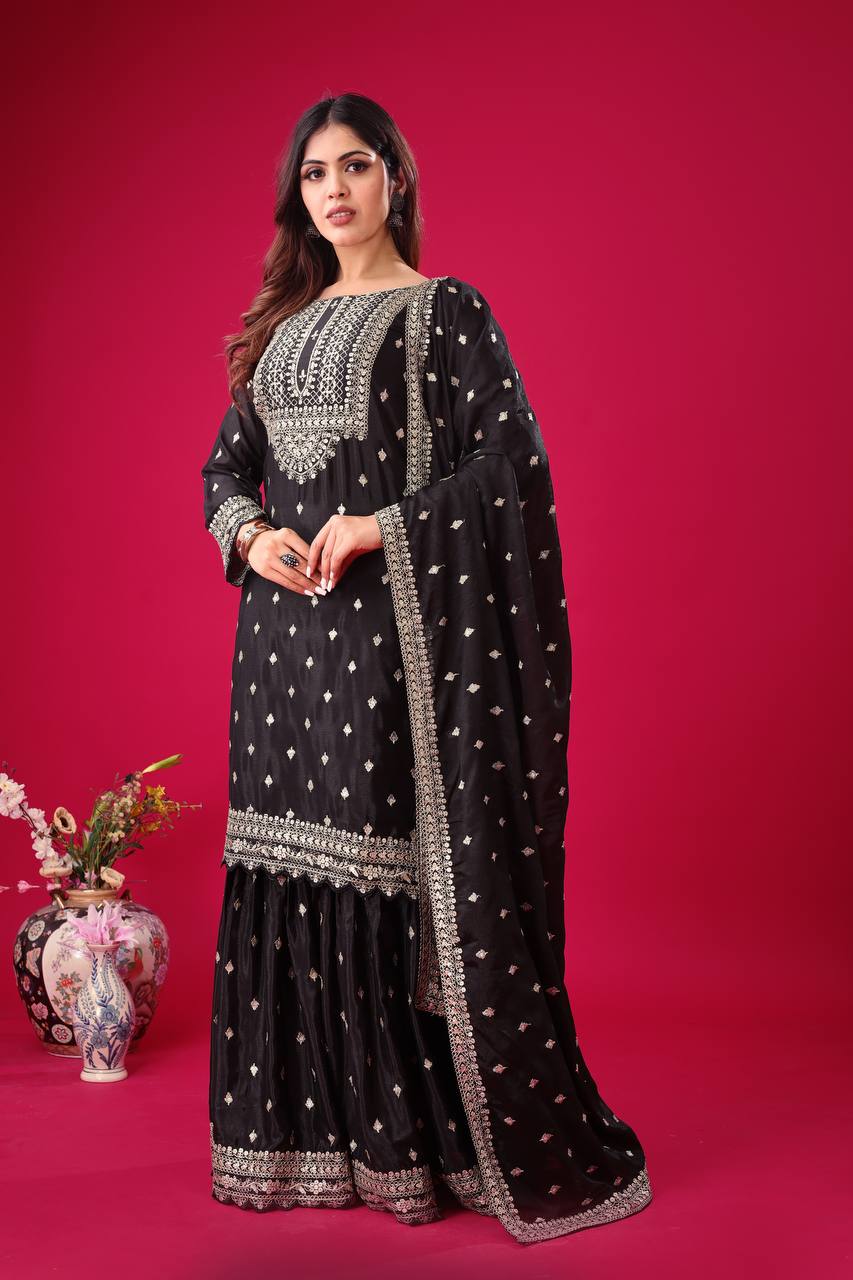 Teeya Creation Black Color Chinon Silk Heavy Embroidery Work Pakistani Fully Stitched Salwar Suit