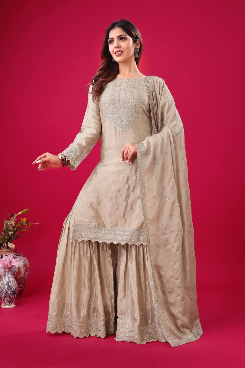 Teeya Creation Chiku Color Chinon Silk Heavy Embroidery Work Pakistani Fully Stitched Salwar Suit