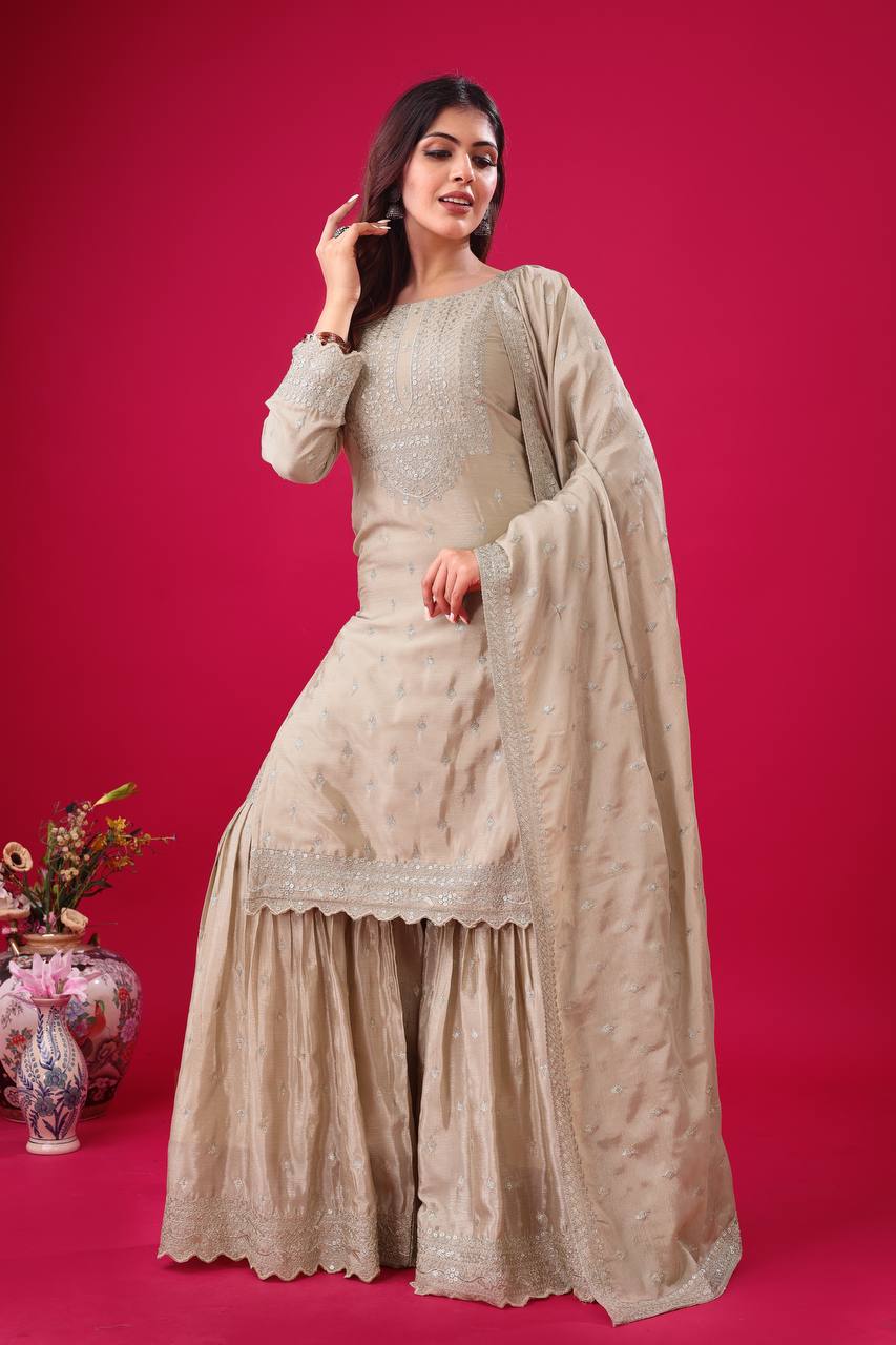 Teeya Creation Chiku Color Chinon Silk Heavy Embroidery Work Pakistani Fully Stitched Salwar Suit