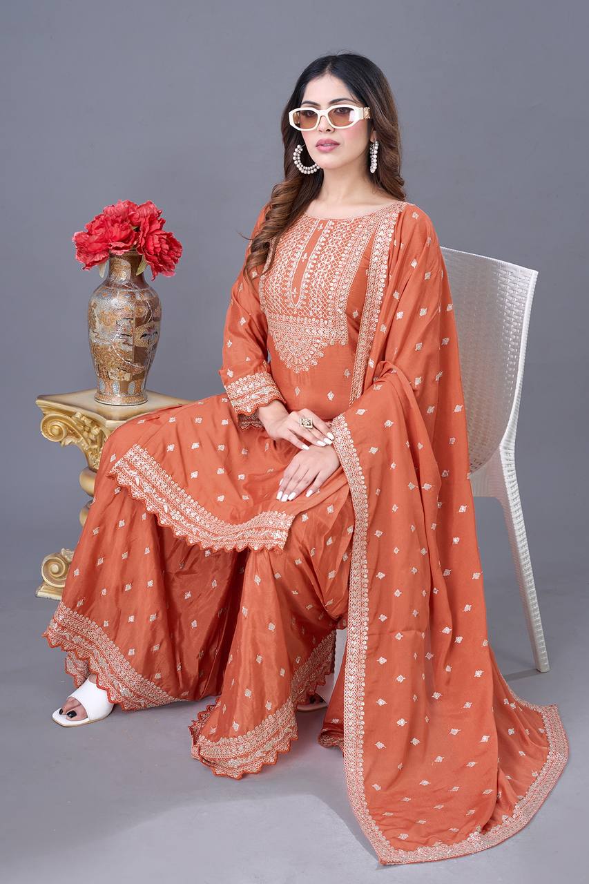 Teeya Creation Orange Color Chinon Silk Heavy Embroidery Work Pakistani Fully Stitched Salwar Suit