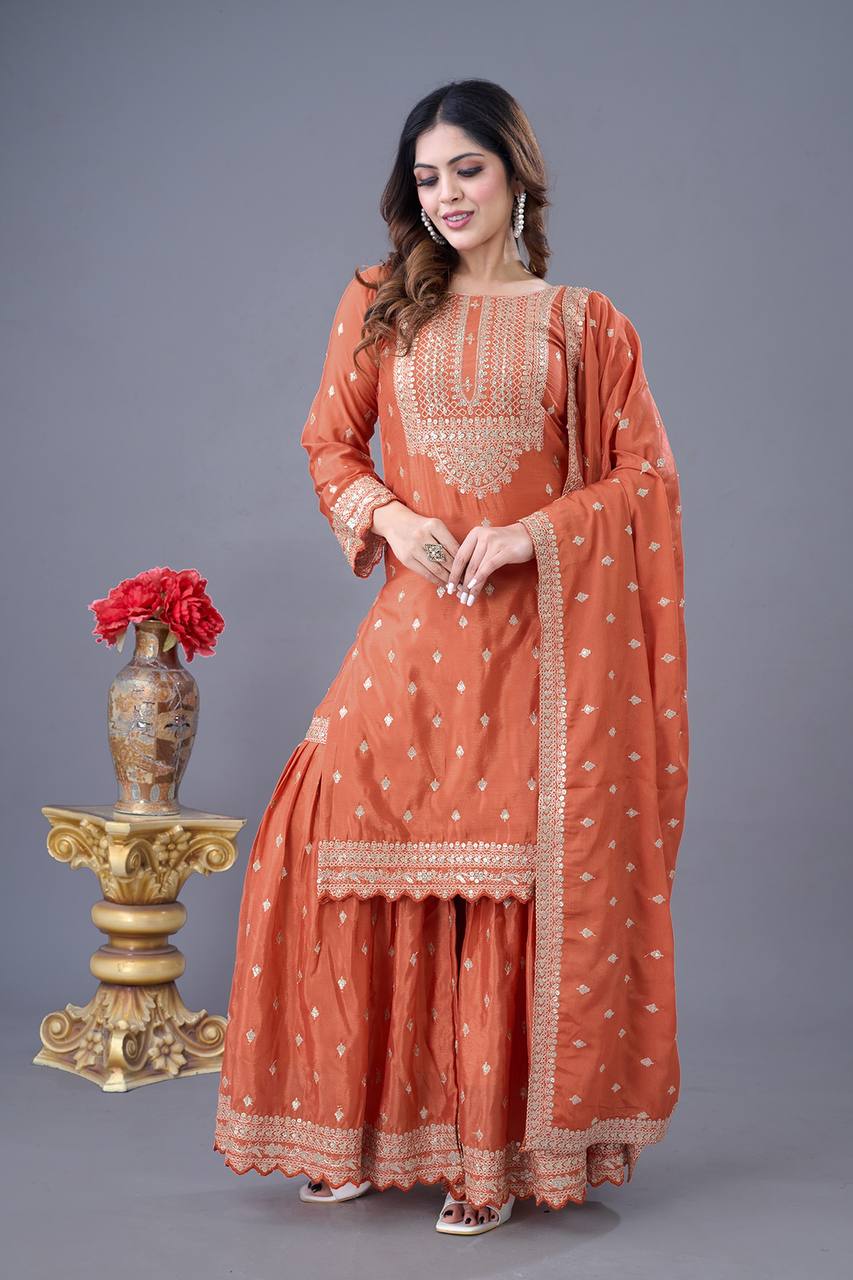 Teeya Creation Orange Color Chinon Silk Heavy Embroidery Work Pakistani Fully Stitched Salwar Suit