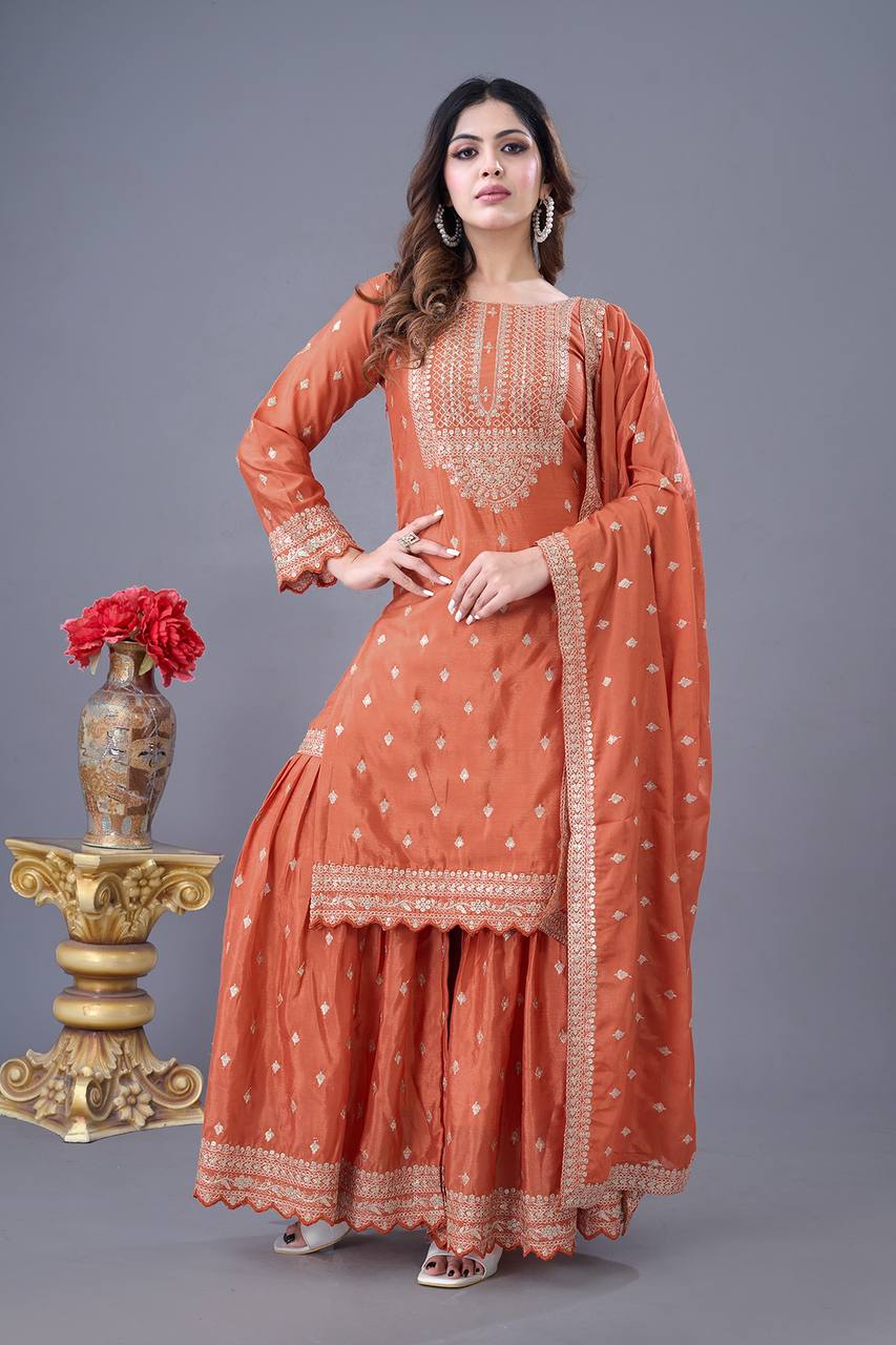 Teeya Creation Orange Color Chinon Silk Heavy Embroidery Work Pakistani Fully Stitched Salwar Suit