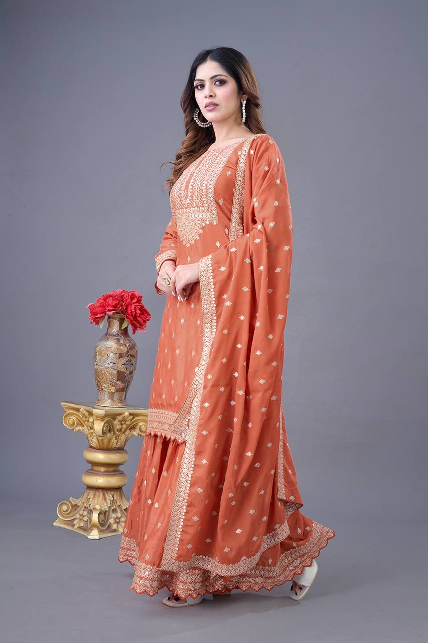 Teeya Creation Orange Color Chinon Silk Heavy Embroidery Work Pakistani Fully Stitched Salwar Suit