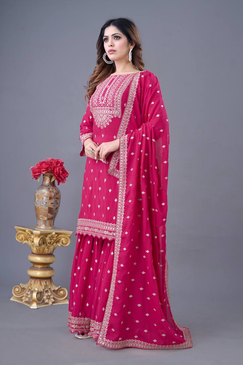 Teeya Creation Rani Color Chinon Silk Heavy Embroidery Work Pakistani Fully Stitched Salwar Suit