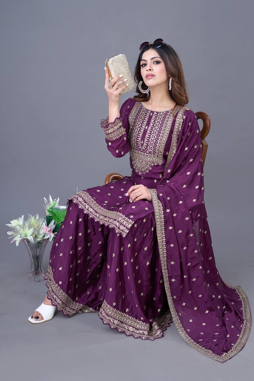 Teeya Creation Wine Color Chinon Silk Heavy Embroidery Work Pakistani Fully Stitched Salwar Suit