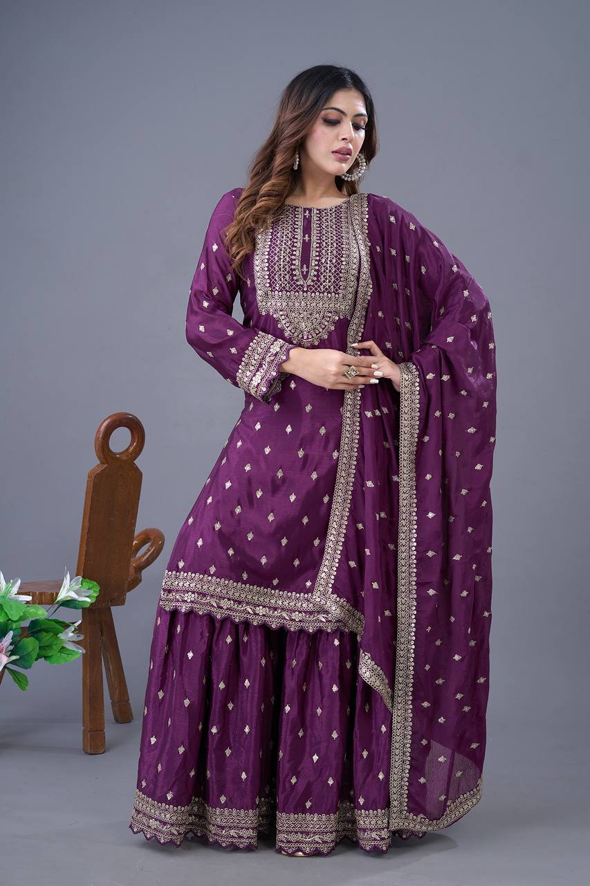 Teeya Creation Wine Color Chinon Silk Heavy Embroidery Work Pakistani Fully Stitched Salwar Suit