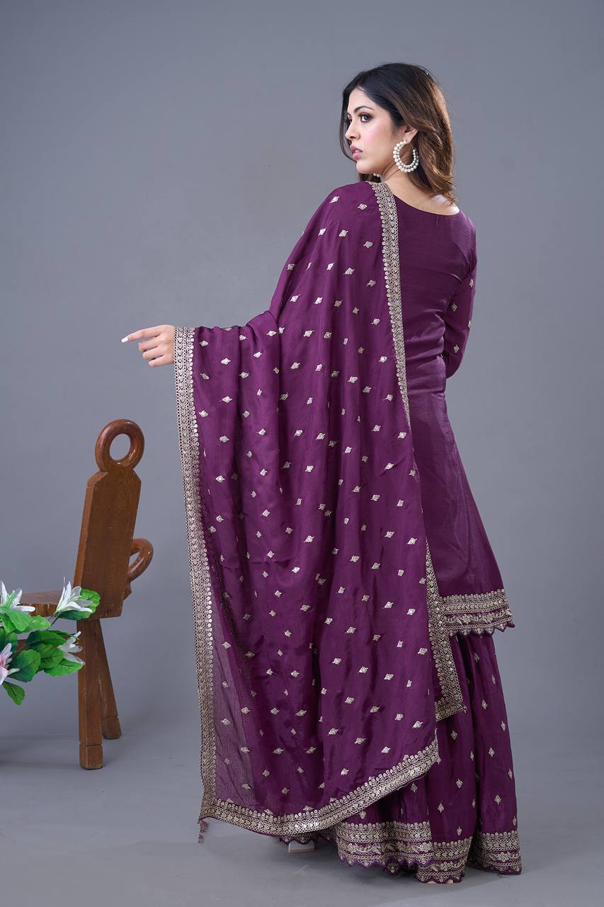 Teeya Creation Wine Color Chinon Silk Heavy Embroidery Work Pakistani Fully Stitched Salwar Suit