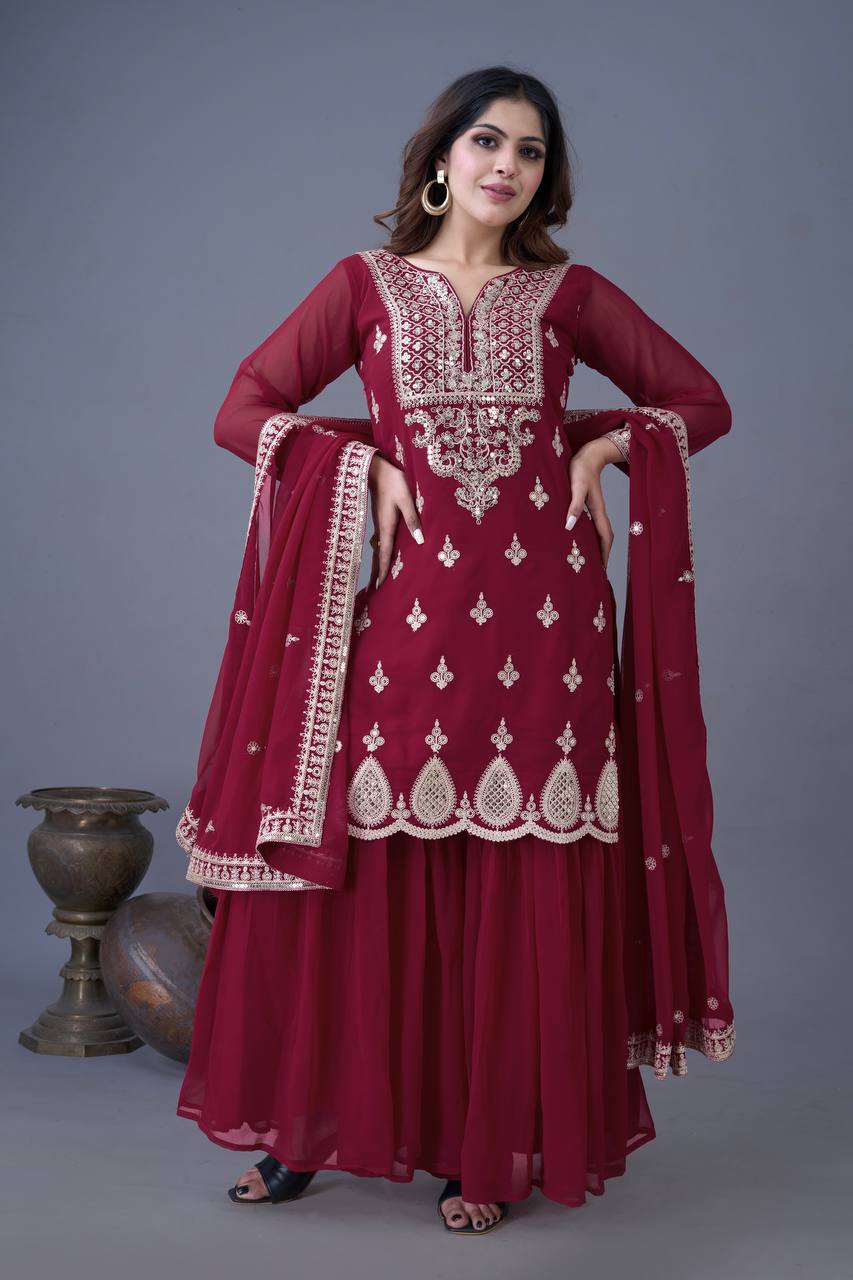 Teeya Creation Maroon Color Faux Georgette Heavy Embroidery Work Pakistani Fully Stitched Salwar Suit