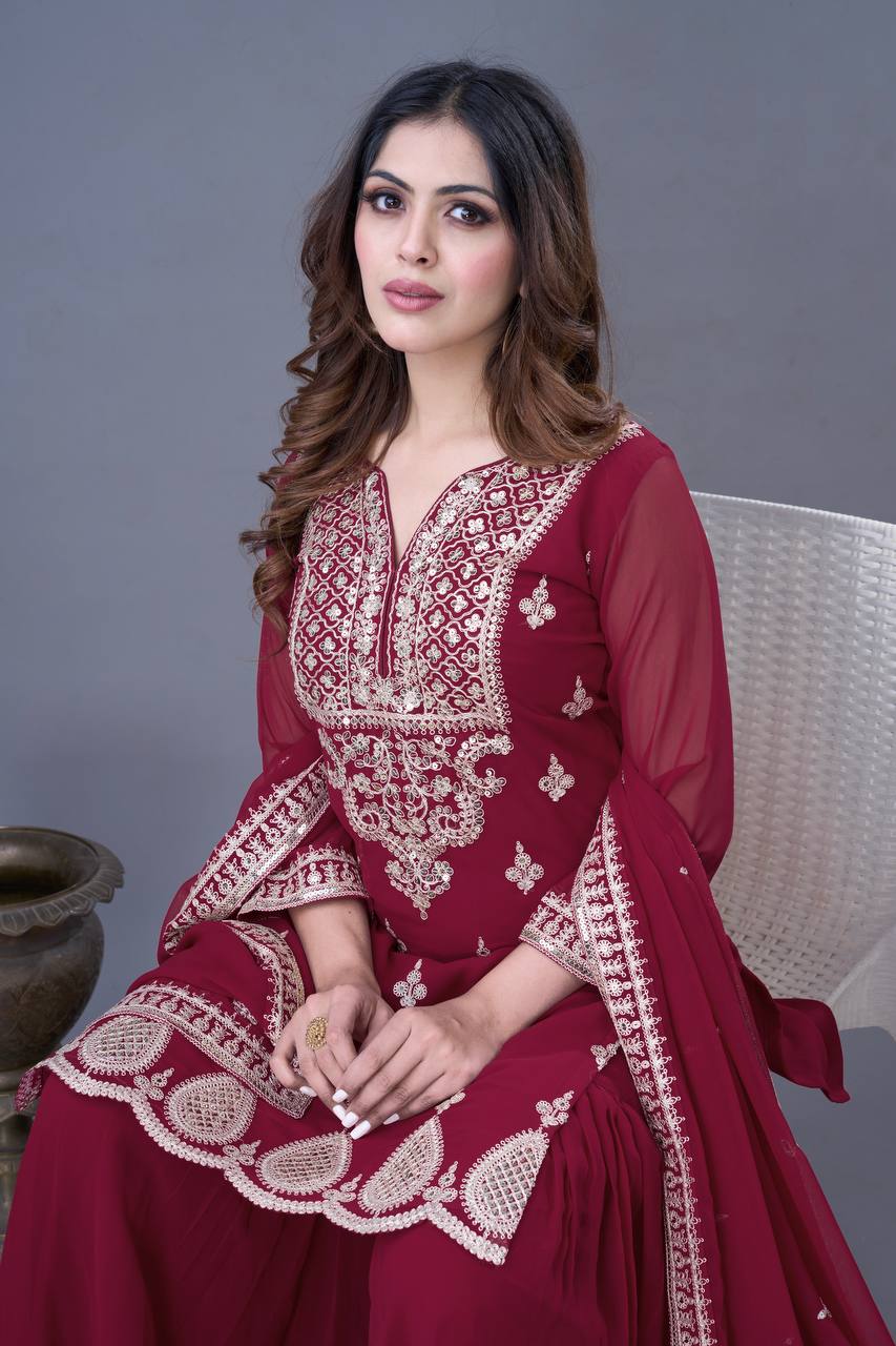 Teeya Creation Maroon Color Faux Georgette Heavy Embroidery Work Pakistani Fully Stitched Salwar Suit