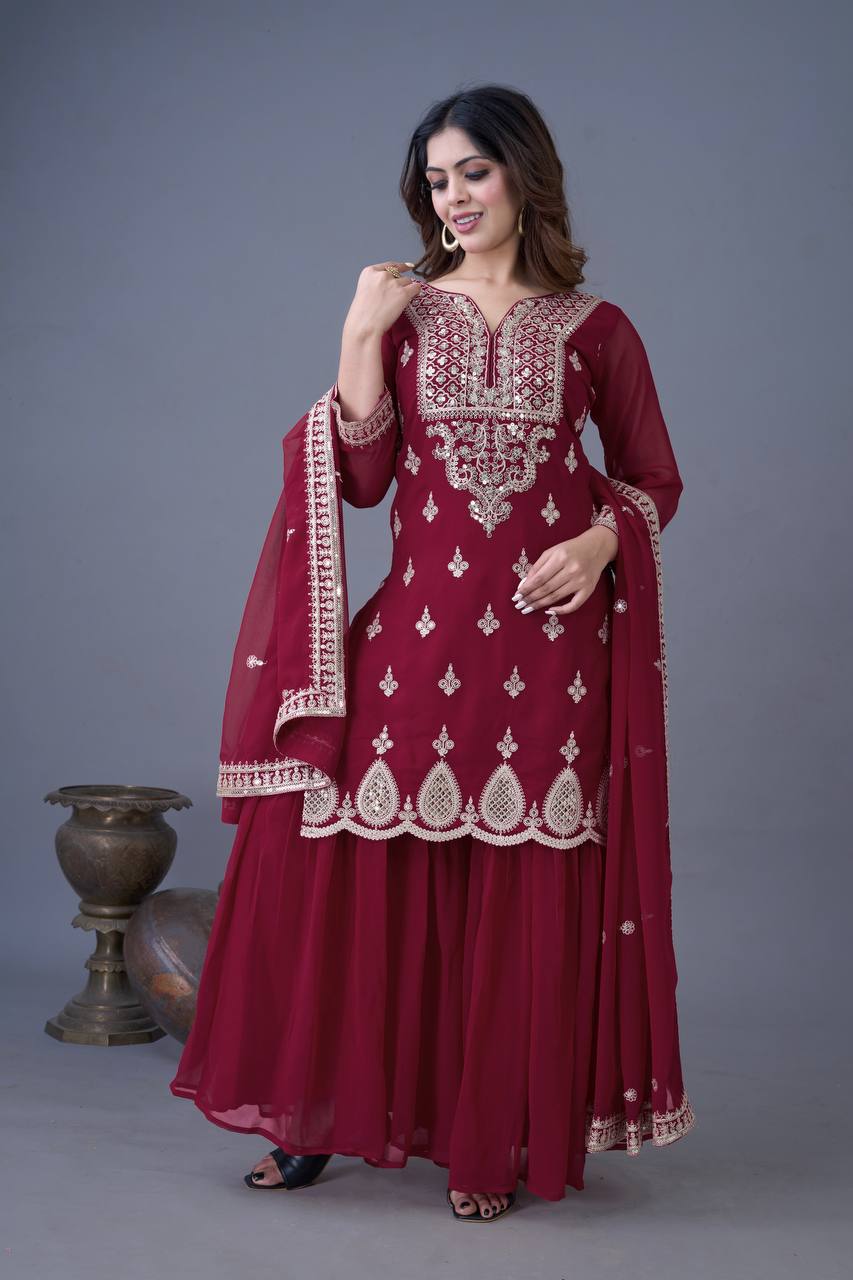 Teeya Creation Maroon Color Faux Georgette Heavy Embroidery Work Pakistani Fully Stitched Salwar Suit