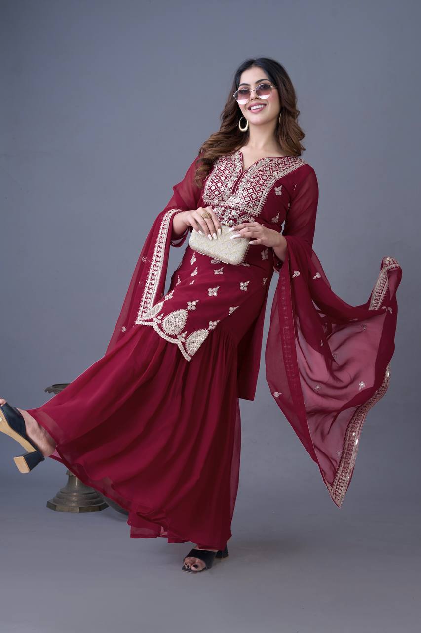Teeya Creation Maroon Color Faux Georgette Heavy Embroidery Work Pakistani Fully Stitched Salwar Suit