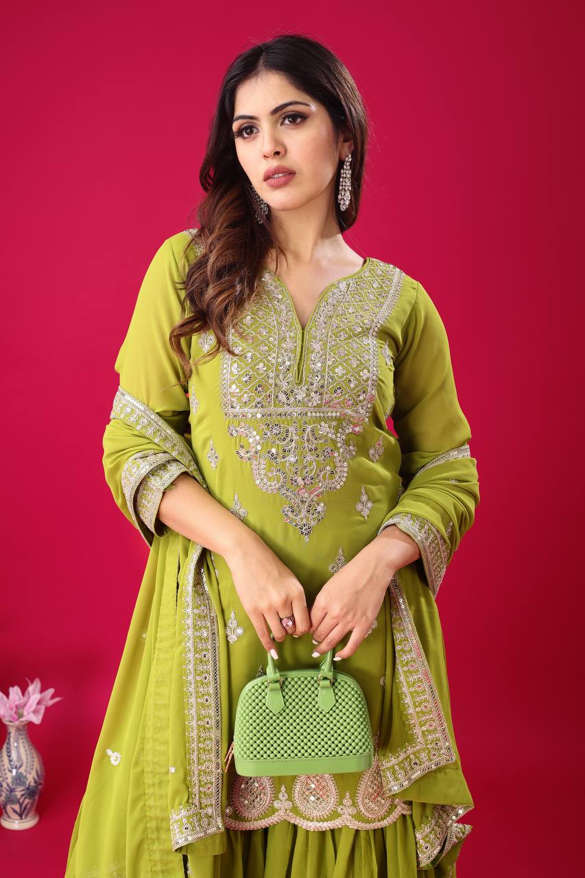 Teeya Creation Olive Color Faux Georgette Heavy Embroidery Work Pakistani Fully Stitched Salwar Suit