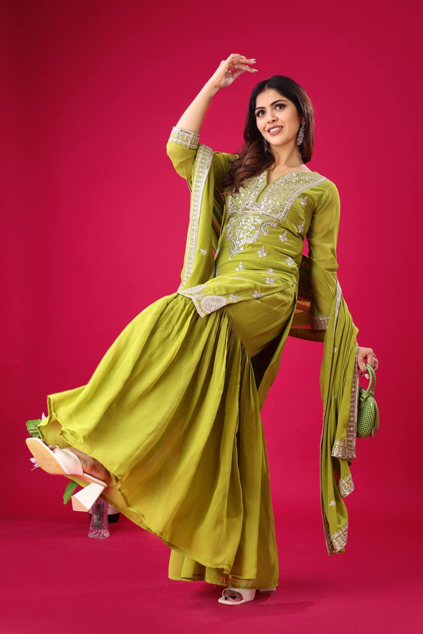 Teeya Creation Olive Color Faux Georgette Heavy Embroidery Work Pakistani Fully Stitched Salwar Suit
