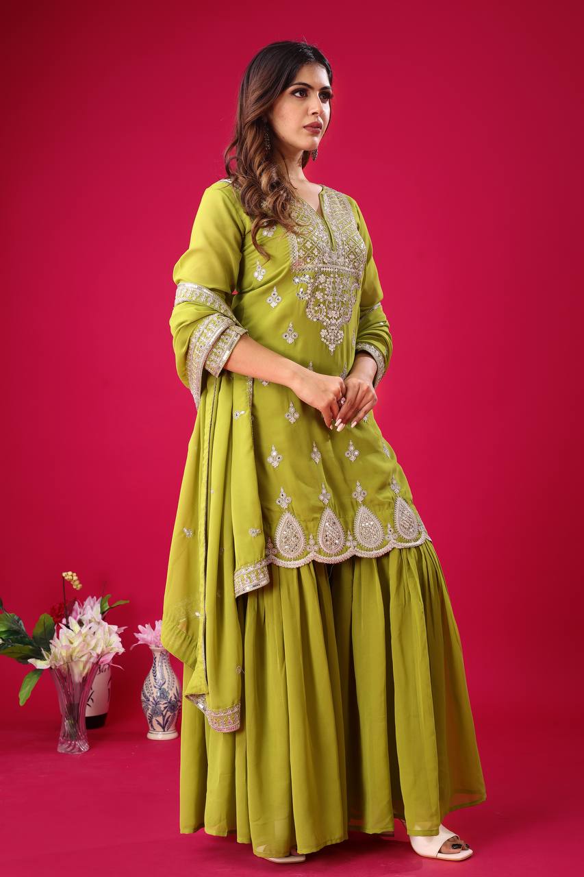 Teeya Creation Olive Color Faux Georgette Heavy Embroidery Work Pakistani Fully Stitched Salwar Suit