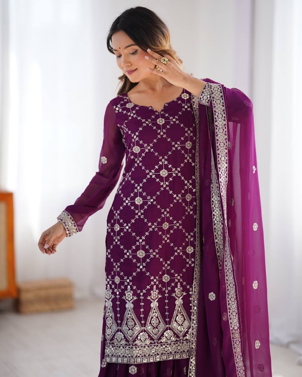 Teeya Creation Wine Color Faux Georgette Embroidery Work Fully Stitched Salwar Suit
