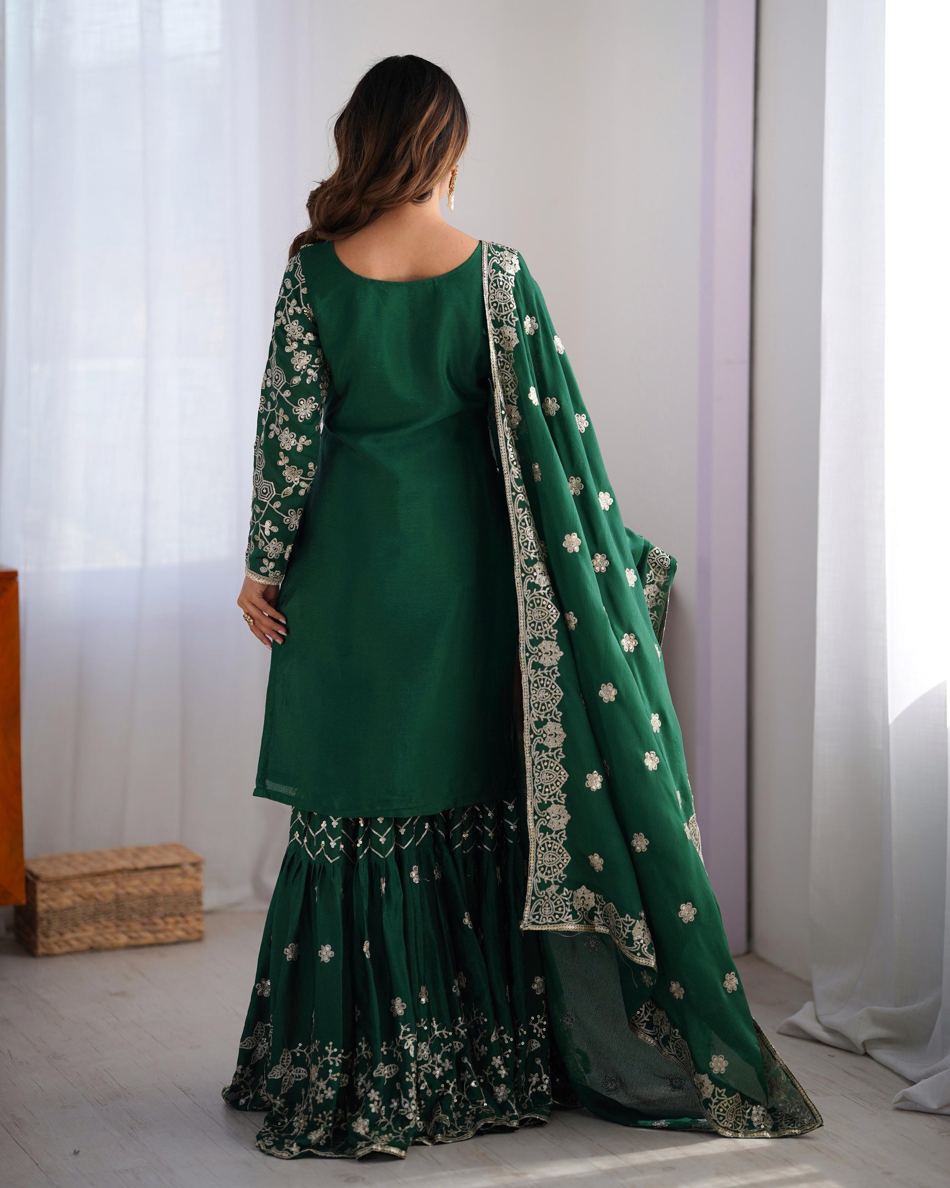 Teeya Creation Green Color Chinnon Silk Embroidery Work Fully Stitched Salwar Suit