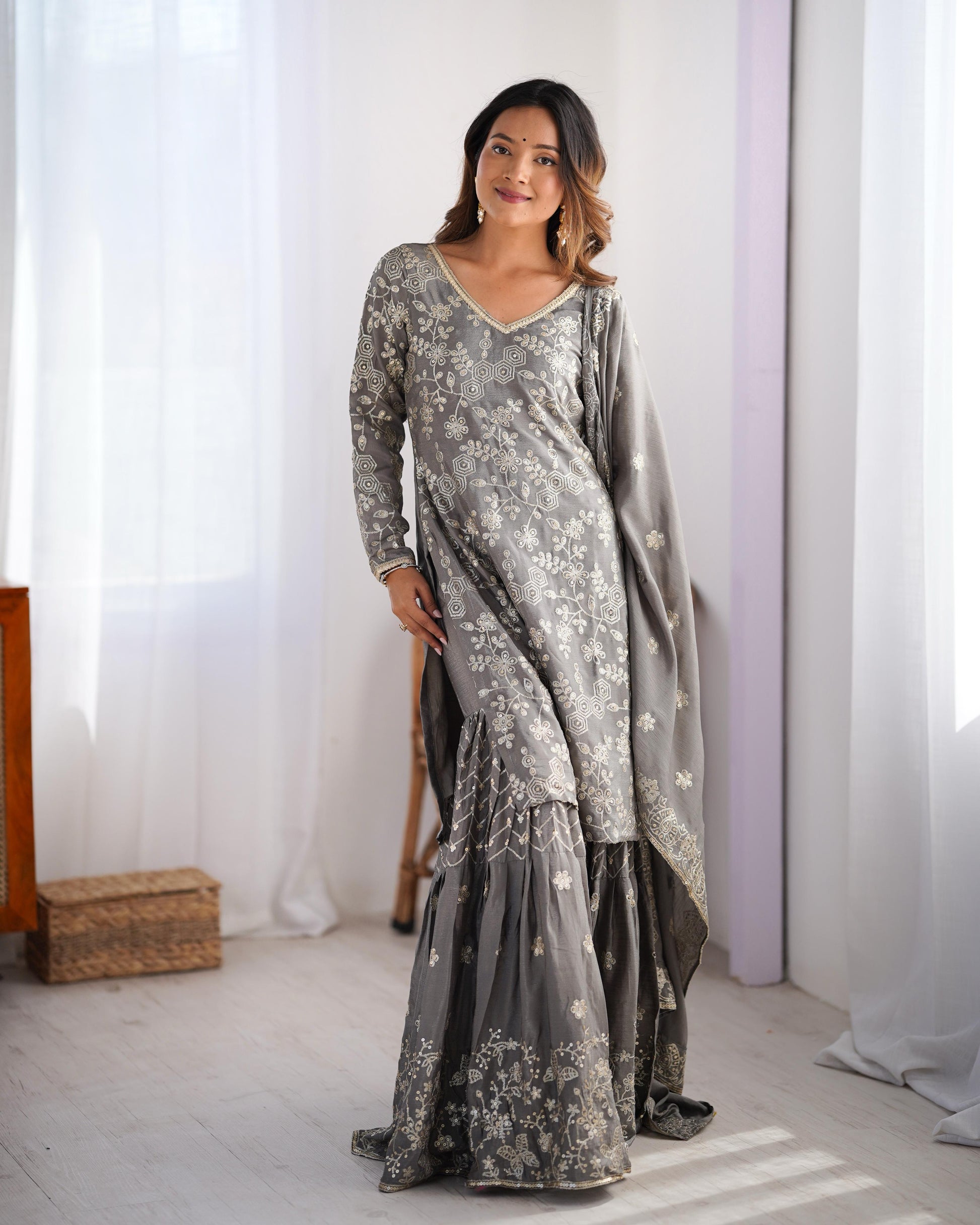 Teeya Creation Grey Color Chinnon Silk Embroidery Work Fully Stitched Salwar Suit