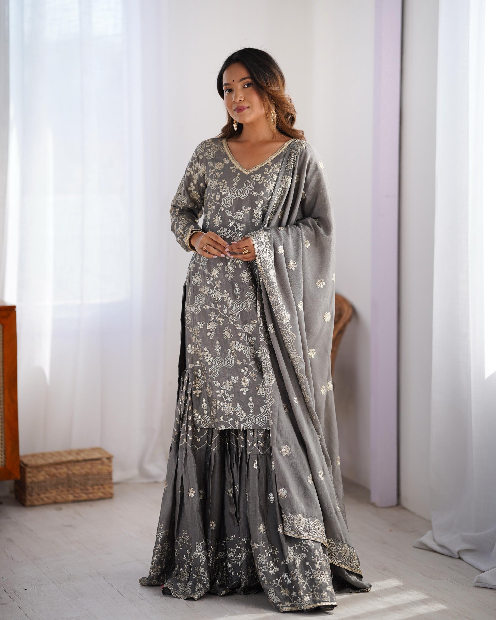 Teeya Creation Grey Color Chinnon Silk Embroidery Work Fully Stitched Salwar Suit