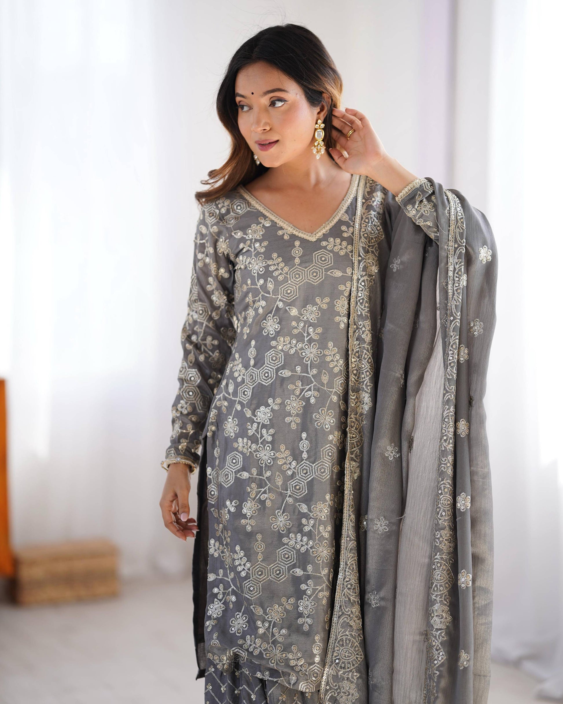 Teeya Creation Grey Color Chinnon Silk Embroidery Work Fully Stitched Salwar Suit
