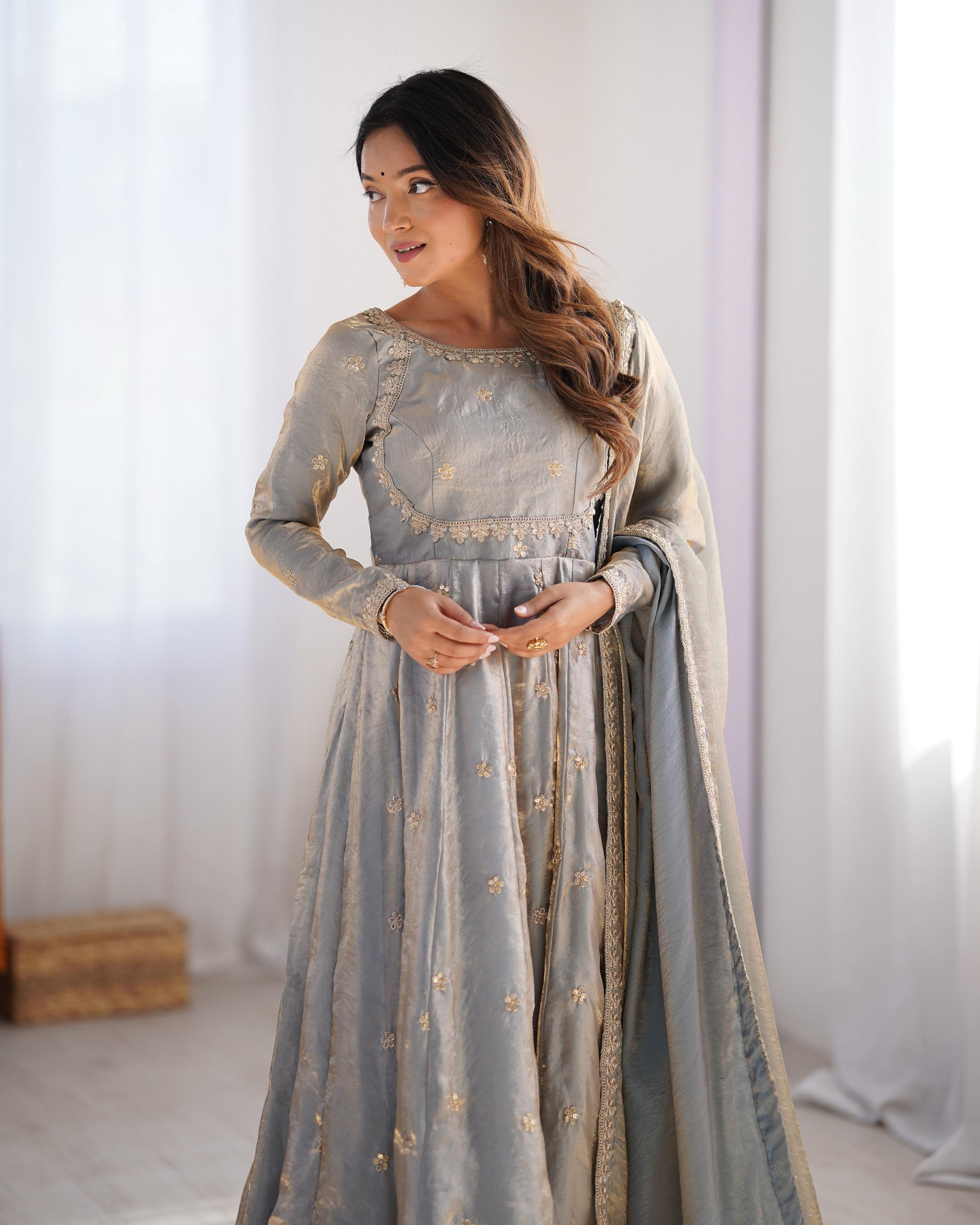 Teeya Creation Grey Color Fendy Silk Embroidery Work Fully Stitched Gown